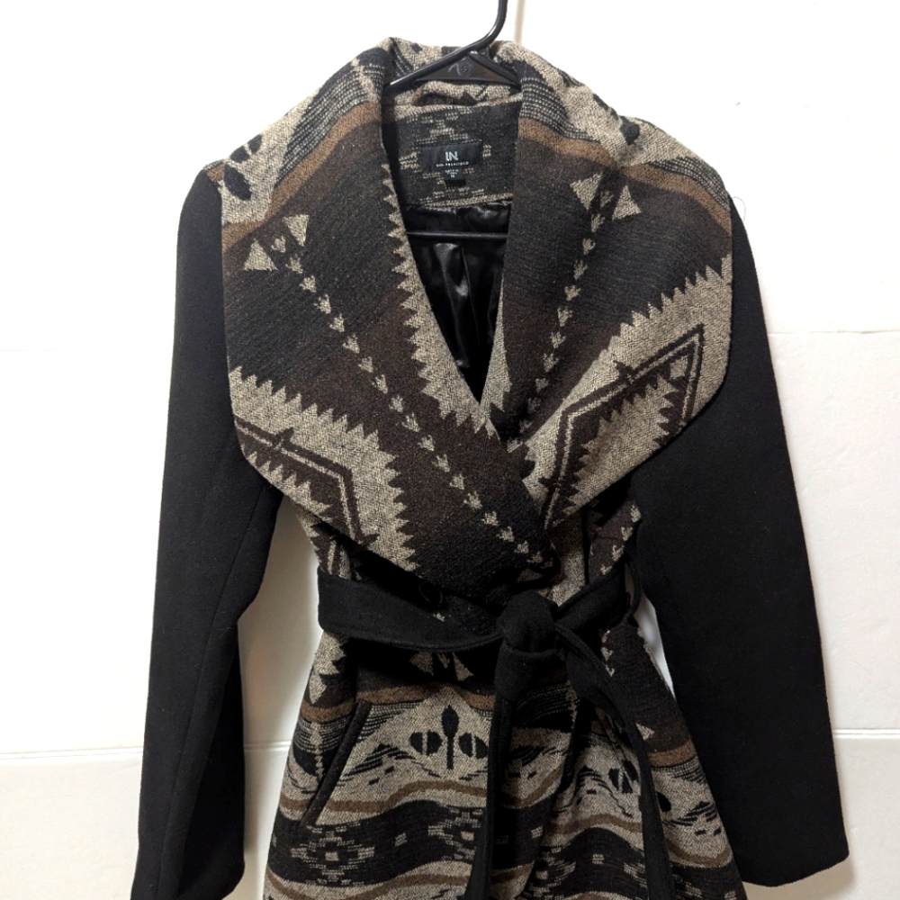 Brown Aztec Print Belted Short Coat Size M